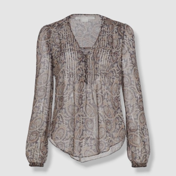 VERONICA BEARD Lowell‎ 100% Silk Paisley Print Blouse Sz 2 v-neck Brown Blue